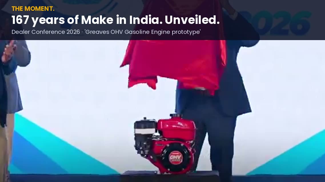 Freeze frame of the red OHV petrol engine just after the red cloth comes off, Greaves Dealer Conference 2026
