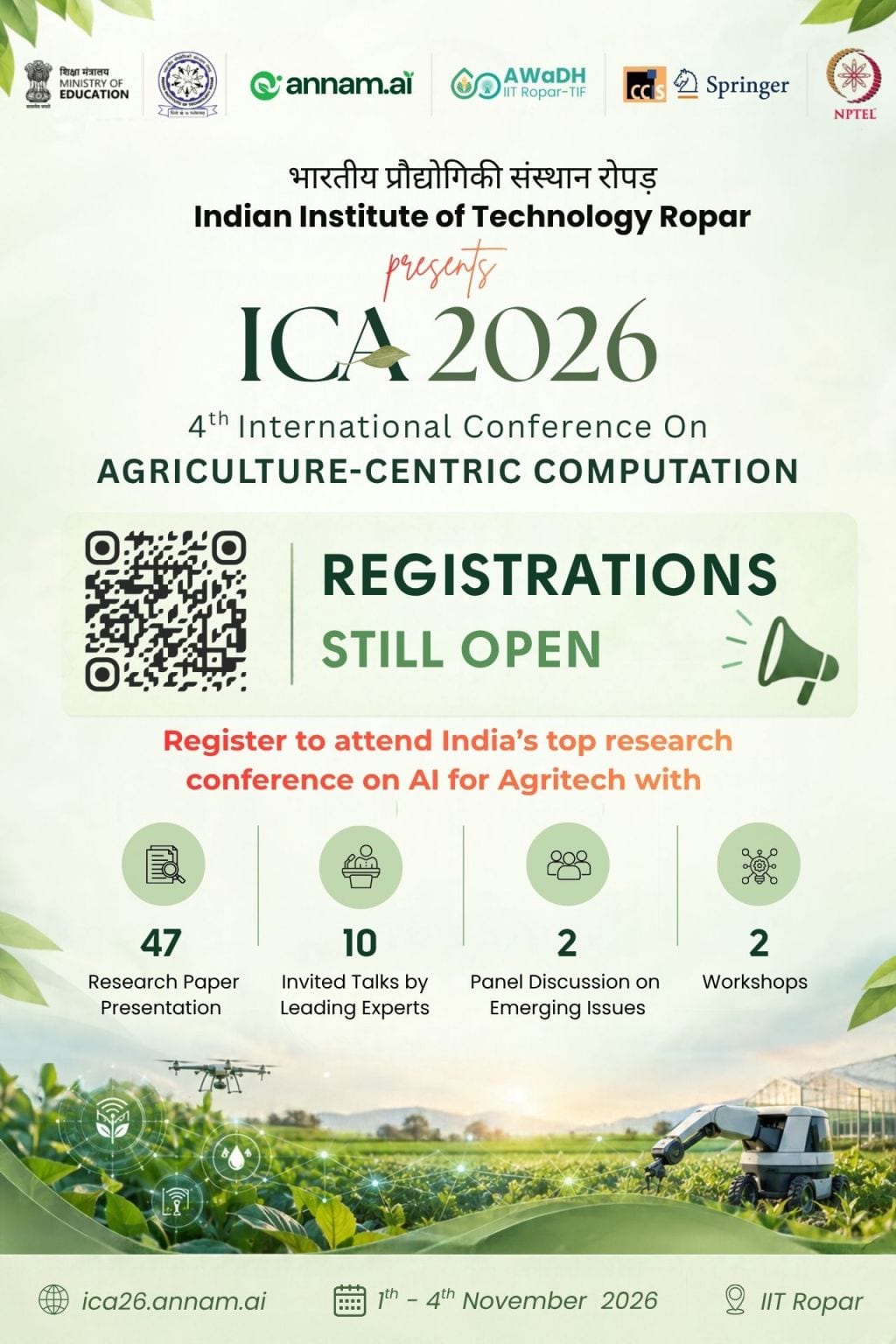 ICA 2026 poster: Indian Institute of Technology Ropar presents the 4th International Conference on Agriculture-Centric Computation, registrations still open, 47 research paper presentations, 10 invited talks, 2 panel discussions, 2 workshops, 1 to 4 November 2026 at IIT Ropar