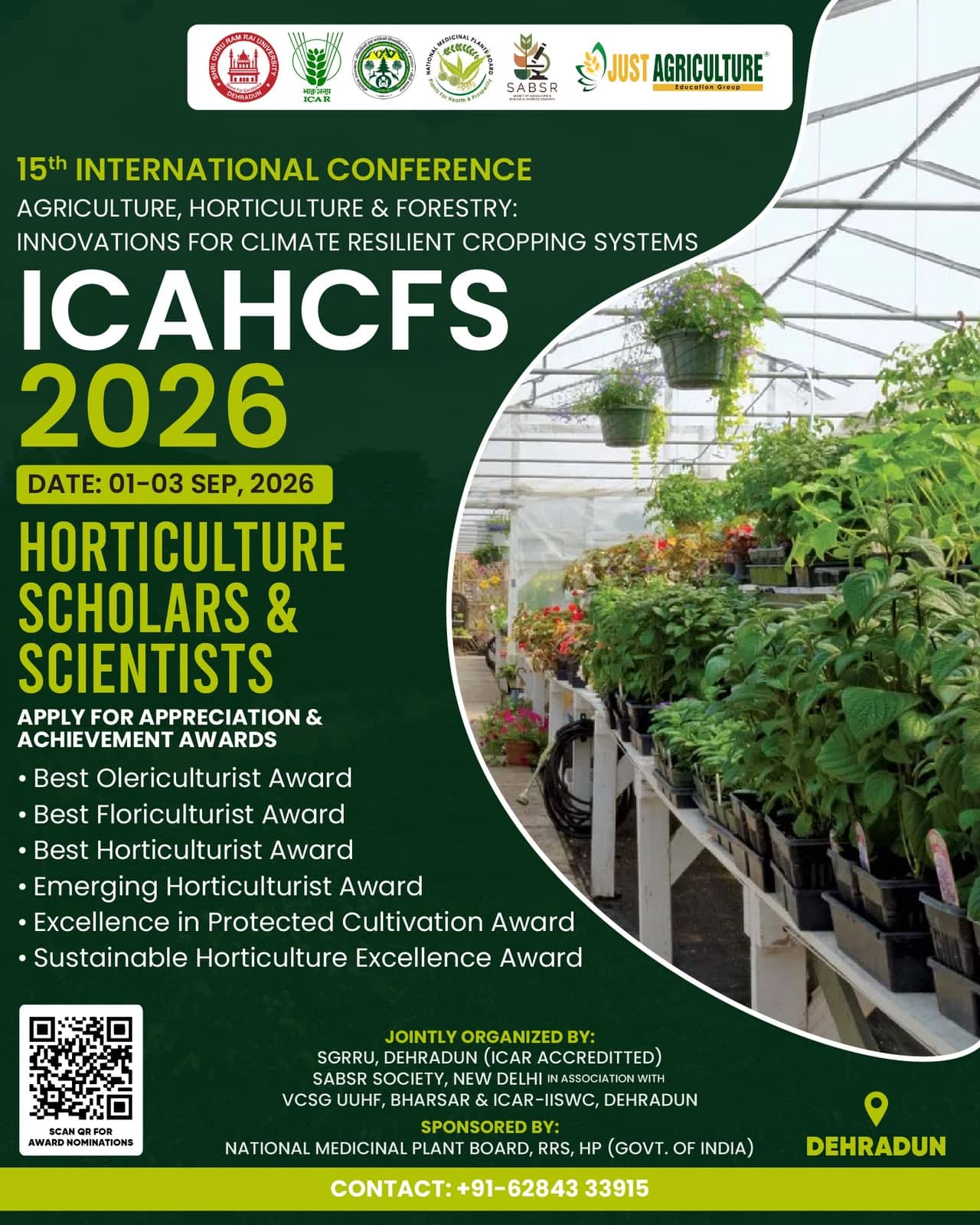 ICAHCFS-2026 awards poster listing the Best Olericulturist, Best Floriculturist, Best Horticulturist, Emerging Horticulturist, Excellence in Protected Cultivation and Sustainable Horticulture Excellence awards, with conference dates 1 to 3 September 2026 at Dehradun