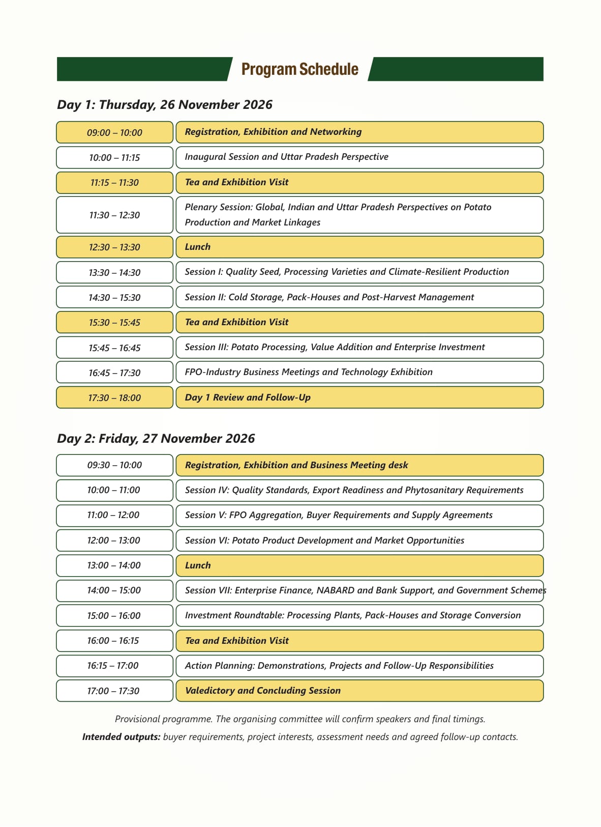 India Potato Summit 2026 provisional programme schedule for Day 1, Thursday 26 November, and Day 2, Friday 27 November 2026, with session timings