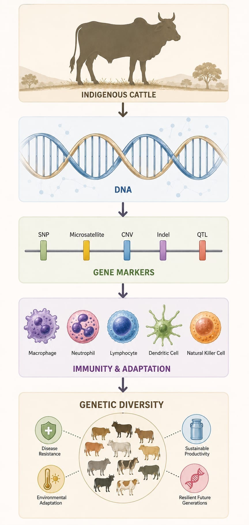 Flow diagram from indigenous cattle to DNA to gene markers — SNP, microsatellite, CNV, indel and QTL — then to immune cells and finally genetic diversity outcomes including disease resistance and environmental adaptation