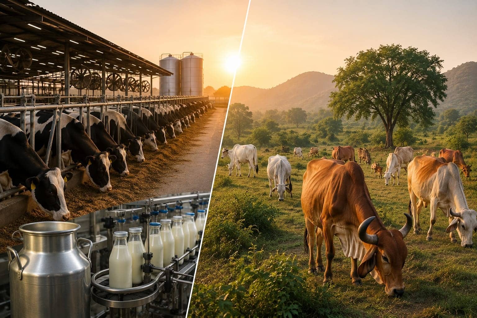 Split comparison: intensive housed crossbred dairy with a milk bottling line on the left, indigenous cattle grazing open pasture on the right