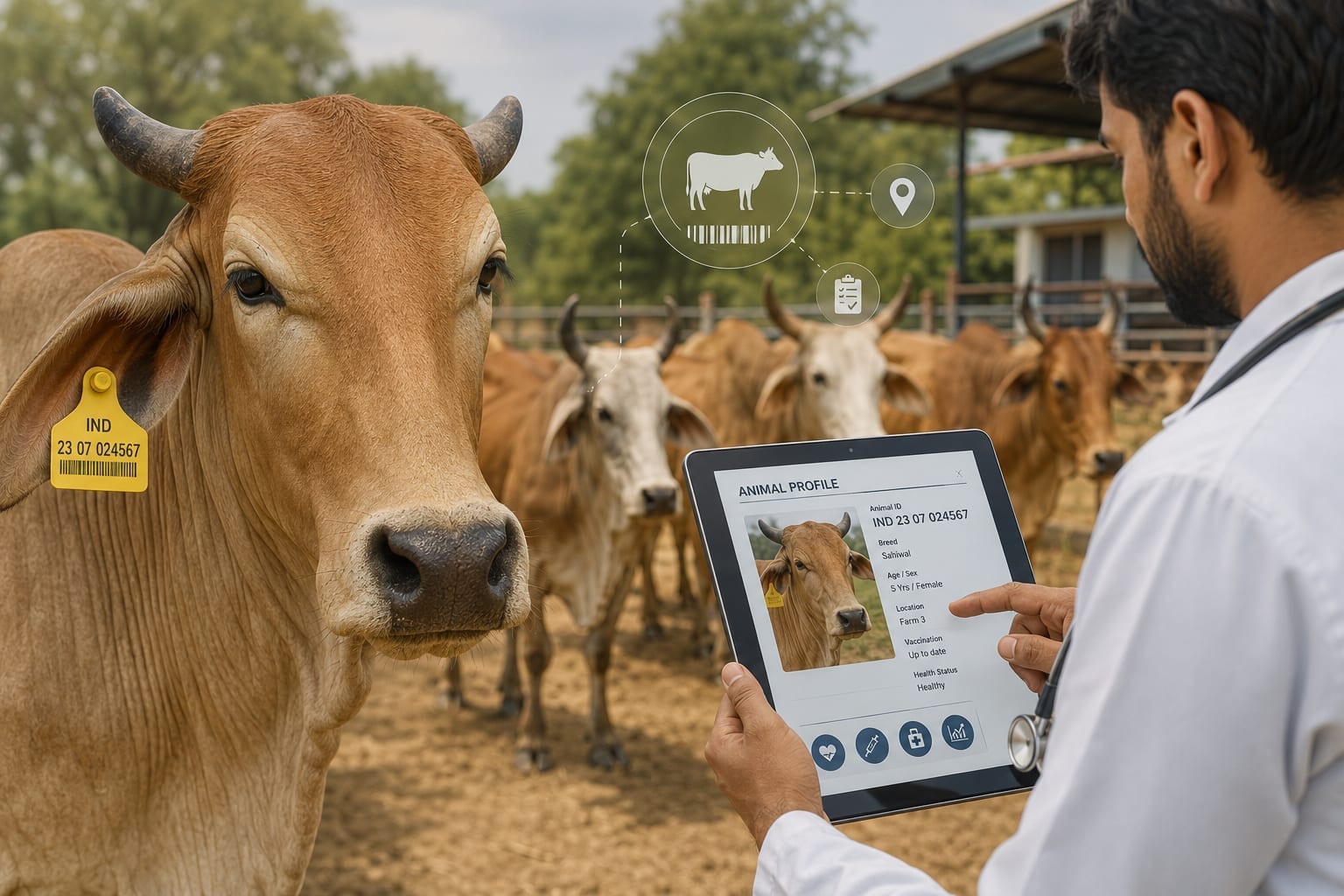Veterinarian reviewing a digital animal profile on a tablet for an ear-tagged indigenous cow, with the tagged herd behind, showing livestock traceability